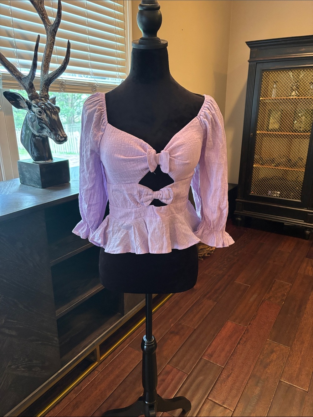 Lavender Tie-Front Peplum Blouse with Puff Sleeves